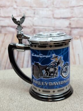 Harley-Davidson Blue Heritage Springer Ceramic Stein with Pewter Lid Like New